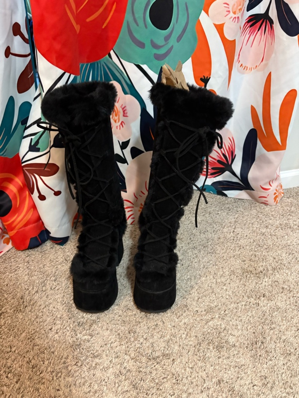 Demonia Black Faux Fur Lace-Up Platform Knee-High Boots